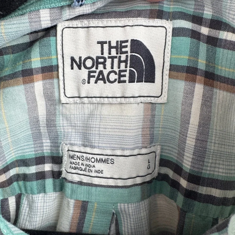 The North Face Plaid Button Up Shirt Men Large Teal Short Sleeve Hiking Gorpcore
